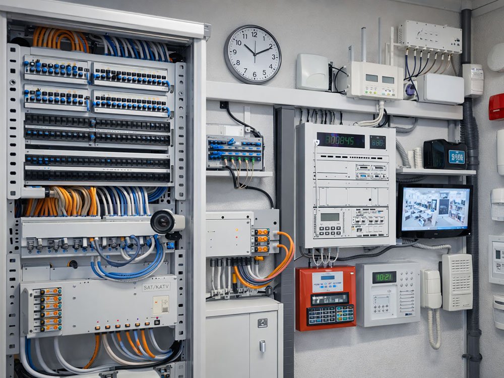 Technischer Schaltschrank mit Netzwerkverkabelung, Steuerungstechnik und Komponenten der Informationstechnik